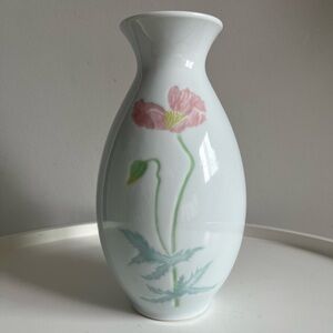 Vintage Pink Poppy Asian White Ceramic Vase